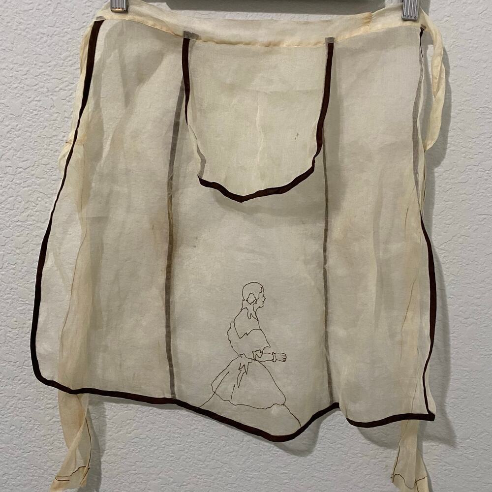 Vintage Organdy Tea Apron Colonial Lady Embroidered Sheer - Picture 2 of 9